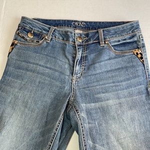 Cache Womens Boot Cut Jeans with Animal Print Trim Pockets, Size 6, preowned